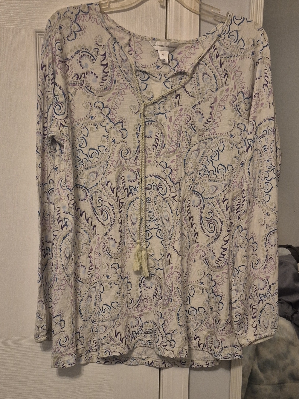 Christopher & Banks White Paisley Tie-Front Long-Sleeve Top